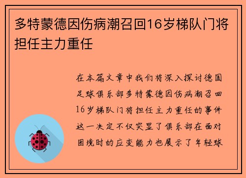多特蒙德因伤病潮召回16岁梯队门将担任主力重任