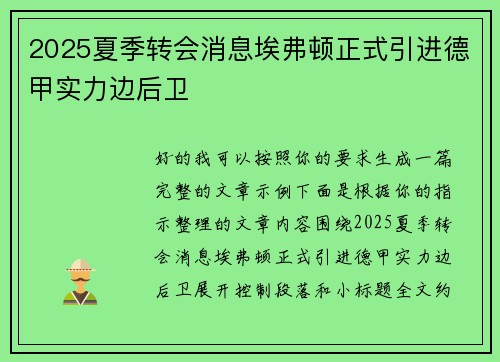 2025夏季转会消息埃弗顿正式引进德甲实力边后卫 2025夏季转会消息埃弗顿正式引进德甲实力边后卫